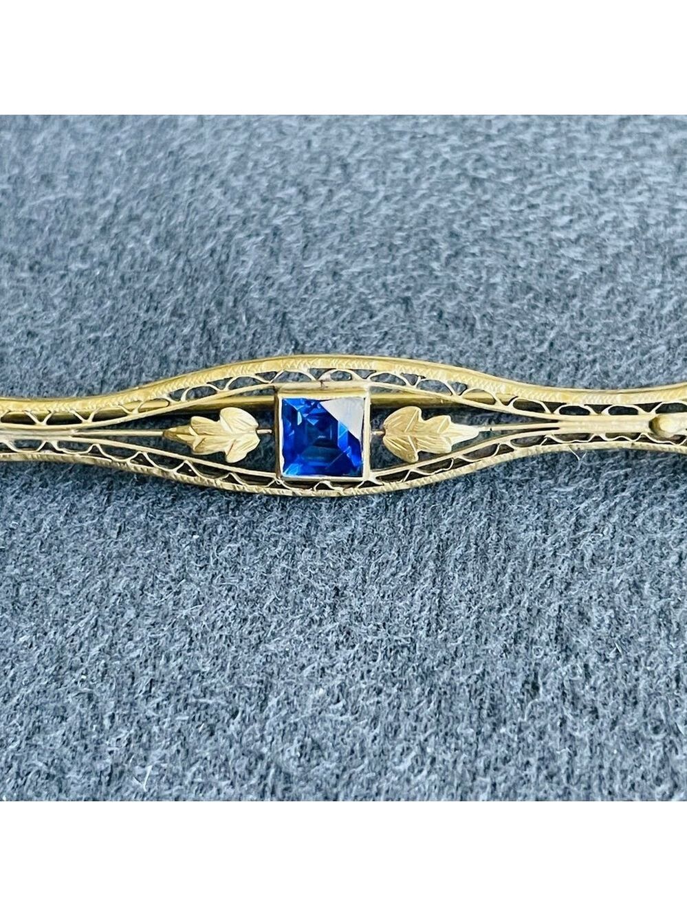 Edwardian 14k Signed Solid Gold & Lab Sapphire Vintage Filigree Floral Brooch - Picture 8 of 8